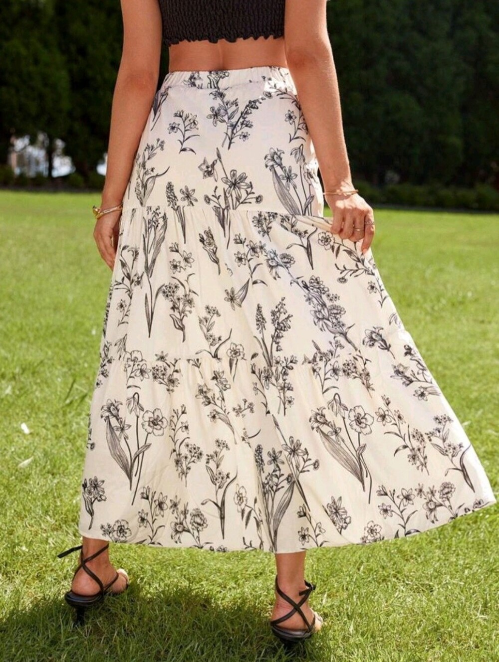 Women’s Floral Tiered Cream & Black Maxi Skirt - Picture 3 of 6